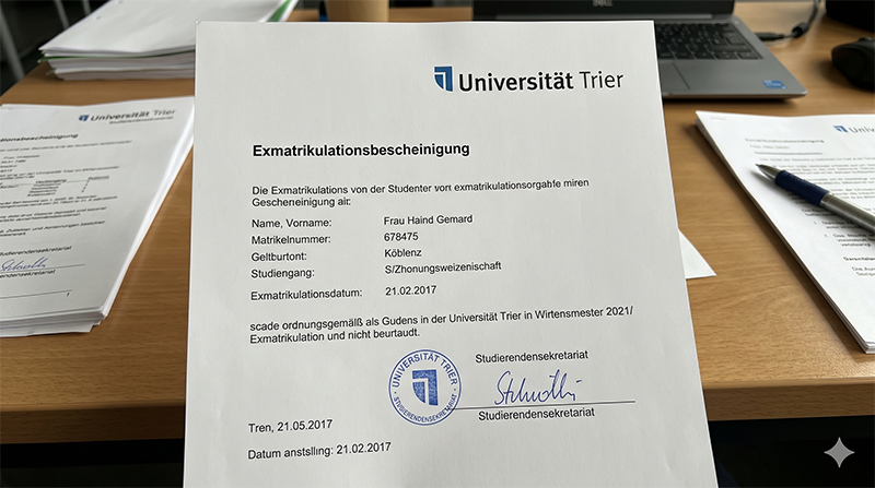 Exmatrikulationsbescheinigung der Universität Trier auf einem Schreibtisch