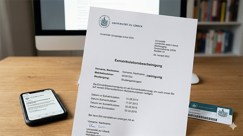 Exmatrikulationsbescheinigung der Universität zu Lübeck auf einem Schreibtisch