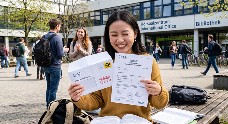 Glückliche Studentin mit TestDaF-Zeugnis