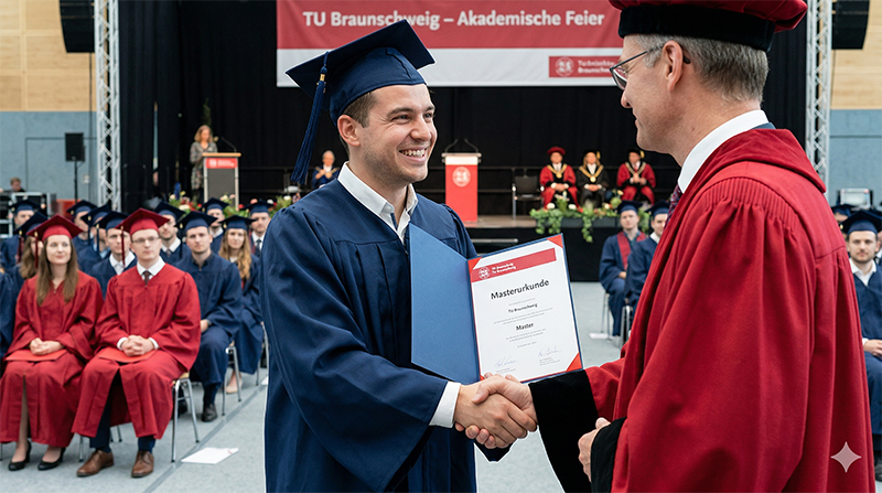 Glücklicher Absolvent nimmt Masterzeugnis entgegen