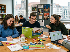 Lerngruppe zur Vorbereitung auf das Goethe-Zertifikat A2 in einer Bibliothek-1