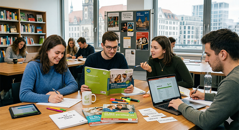 Lerngruppe zur Vorbereitung auf das Goethe-Zertifikat A2 in einer Bibliothek