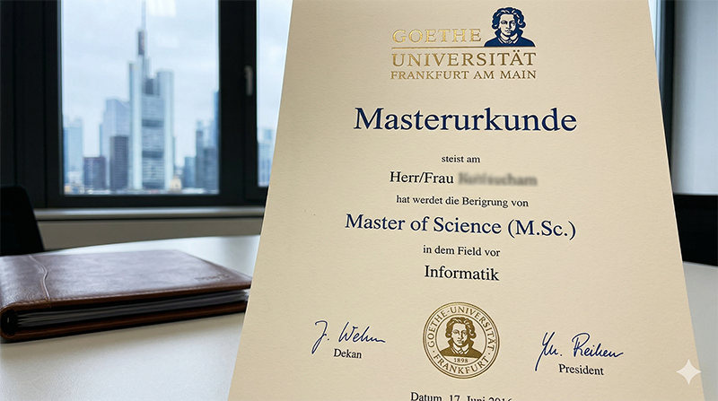Masterurkunde der Goethe-Universität Frankfurt am Main vor der Frankfurter Skyline