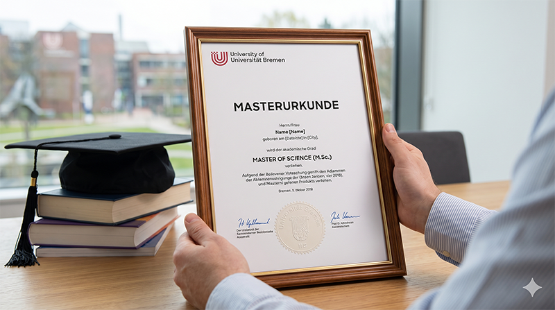 Masterurkunde der Universität Bremen in einem edlen Holzrahmen auf einem Schreibtisch.
