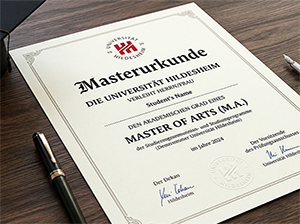 Masterurkunde der Universität Hildesheim auf einem Holztisch-1