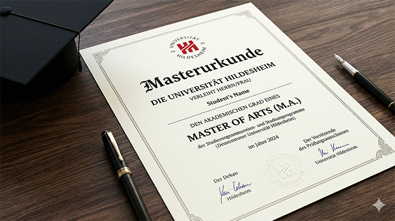 Masterurkunde der Universität Hildesheim auf einem Holztisch