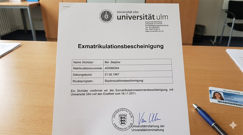 Musterexemplar der Exmatrikulationsbescheinigung Universität Ulm