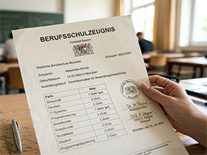 Nahaufnahme eines bayerischen Berufsschulzeugnisses im Klassenzimmer-1