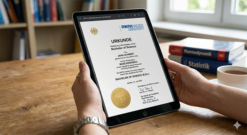 RWTH Aachen Bachelorurkunde als PDF-Anzeige auf einem Tablet