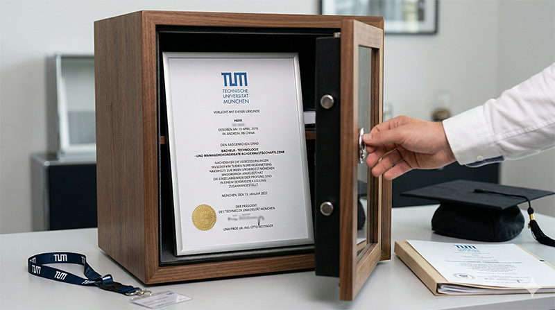Sicher verwahrte Bachelorurkunde der Technischen Universität München