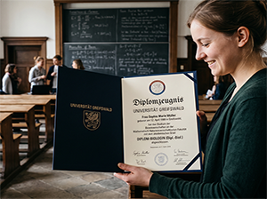 Stolz auf das Diplom der Universität Greifswald im historischen Hörsaal-1