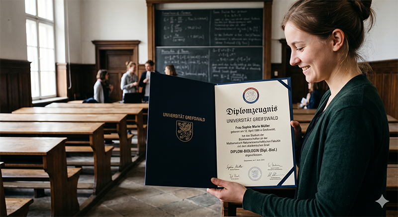 Stolz auf das Diplom der Universität Greifswald im historischen Hörsaal