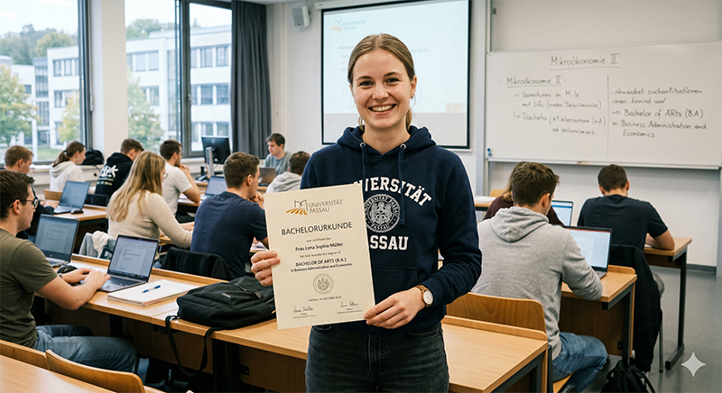 Stolze Studentin mit ihrer Bachelorurkunde im Hörsaal der Universität Passau