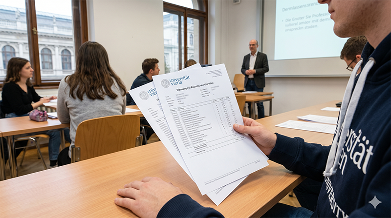Student mit seinem Transcript of Records der Universität Wien im Hörsaal