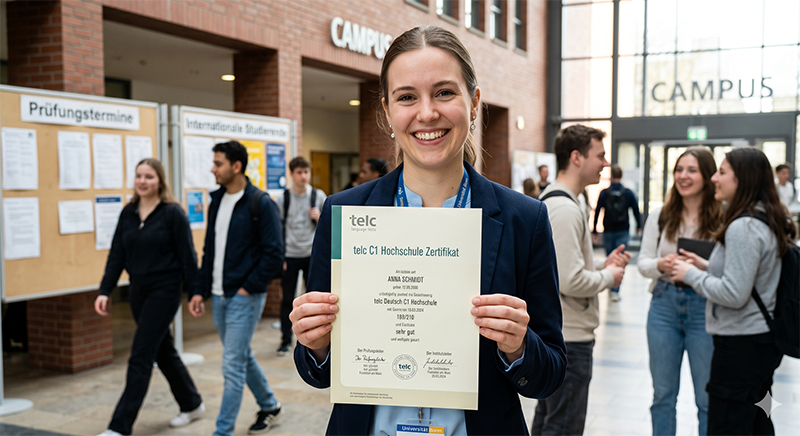 Studentin haelt telc C1 Hochschule Zertifikat auf Campus