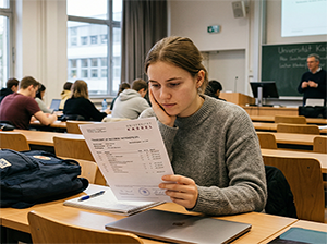 Studentin im Hörsaal mit einem Transcript of Records der Universität Kassel-1