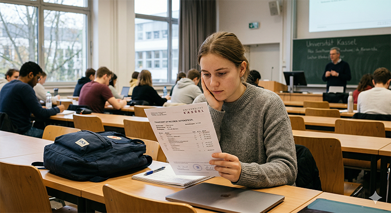 Studentin im Hörsaal mit einem Transcript of Records der Universität Kassel