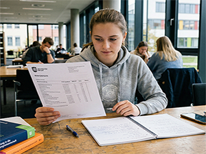 Studentin in der Universitätsbibliothek Erfurt beim Überprüfen ihrer Notenübersicht-1