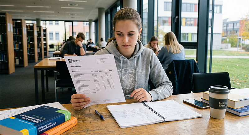 Studentin in der Universitätsbibliothek Erfurt beim Überprüfen ihrer Notenübersicht
