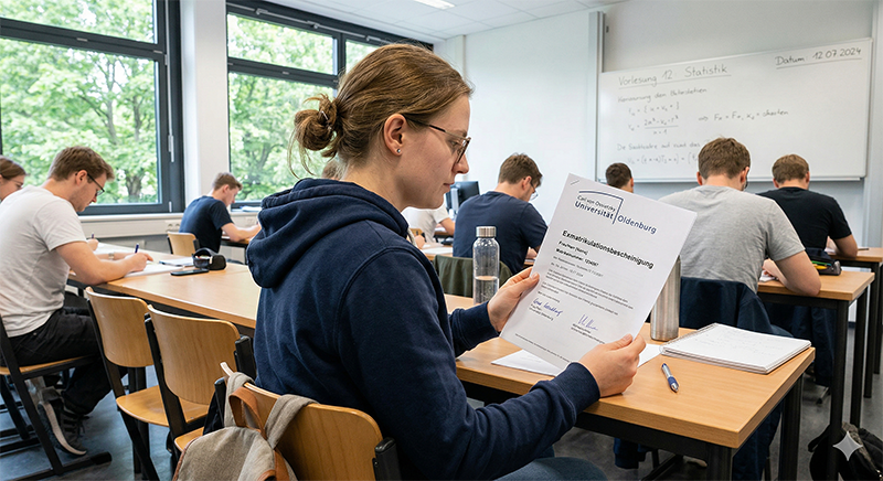 Studentin mit Exmatrikulationsbescheinigung im Hörsaal der Universität Oldenburg