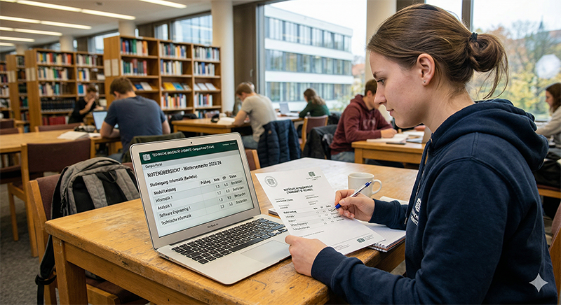 Studierende der TU Chemnitz beim Prüfen der Notenübersicht im Campus-Portal