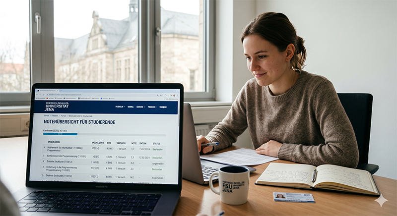 Studierende der Universität Jena bei der Einsicht in die Notenübersicht