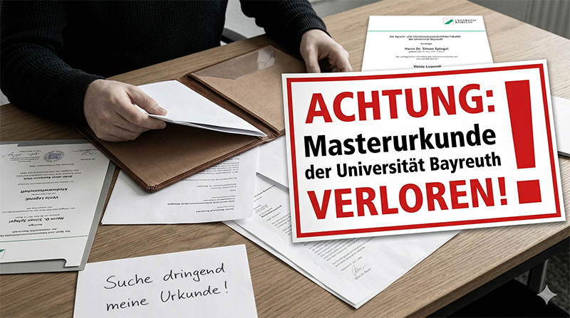 Verlustanzeige Masterurkunde der Universität Bayreuth